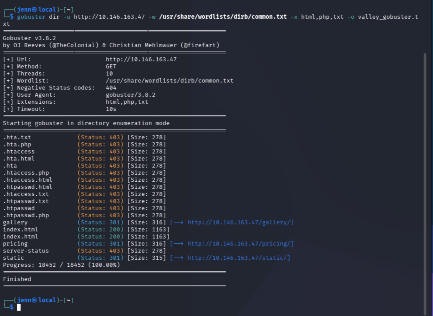 Gobuster results surfacing /static alongside /gallery and /pricing
